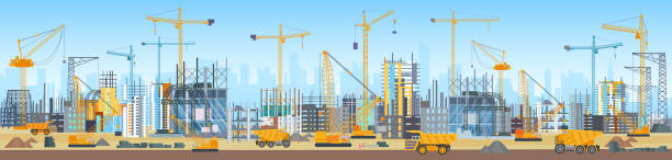 Building process on city construction site with materials and equipment, tower cranes Building process on city construction site with materials and equipment, cranes. Silhouettes of unfinished tall commercial office skyscrapers, towers for home apartments flat vector illustration crash site stock illustrations