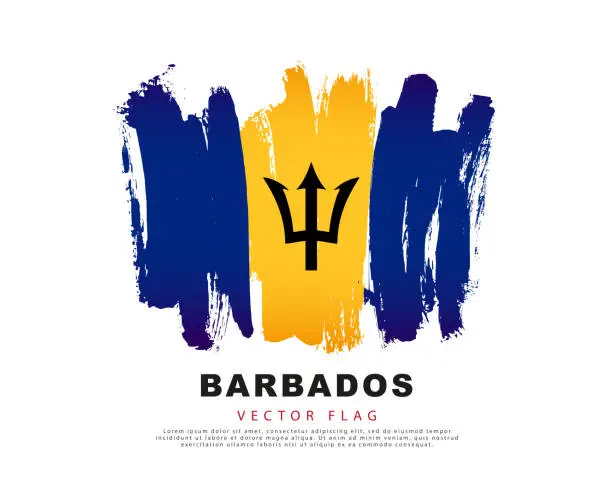 Vector illustration of Flag of Barbados. Blue and yellow brush strokes, hand drawn. Vector illustration isolated on white background.