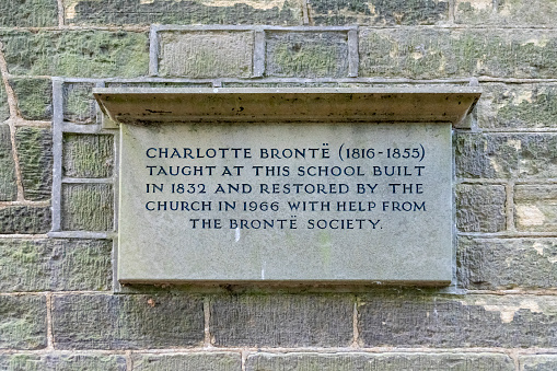 The sign on the school where the Bronte sisters taught in Haworth, Yorkshire, England, UK.