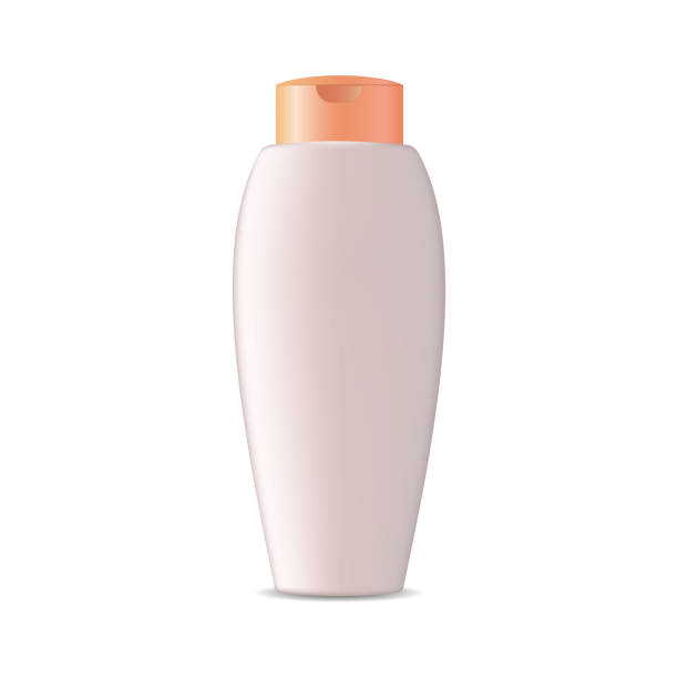 Cosmetic bottle isolated on a white background Cosmetic bottle highlighted on a white background. Realistic light bottle with orange lid for cosmetic products cosmetic bag clip art stock illustrations