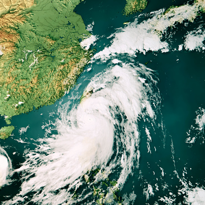 3D Render of a Topographic Map of East China and Taiwan with the clouds from September 11, 2021. \nCategory 5 super typhoon Chanthu is approaching Taiwan.\nAll source data is in the public domain.\nCloud texture: VIIRS courtesy of NASA.\nhttps://neo.gsfc.nasa.gov/view.php?datasetId=VIIRS_543D\nColor texture: Made with Natural Earth.\nhttp://www.naturalearthdata.com/downloads/10m-raster-data/10m-cross-blend-hypso/\nWater texture: SRTM Water Body SWDB: https://dds.cr.usgs.gov/srtm/version2_1/SWBD/\nRelief texture: SRTM data courtesy of NASA JPL (2020). URL of source image:\nhttps://e4ftl01.cr.usgs.gov//DP133/SRTM/SRTMGL3.003/2000.02.11