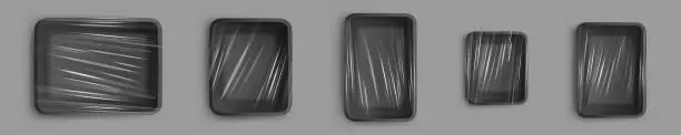 Vector illustration of Black plastic trays for food, styrofoam containers