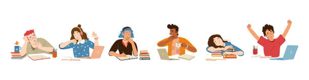 Tired sleepy students yawn at desk Tired sleepy students yawn at desk with books and laptop. Vector flat illustration of lazy or bored young people, teenagers feel tiredness doing school homework, girl sleep on books stack bored teen stock illustrations