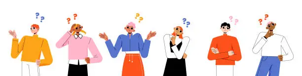 Vector illustration of Diverse wondering people with question marks