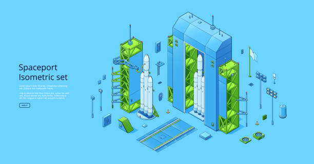 Spaceport isometric set with rocket on cosmodrome Spaceport isometric set with rocket on cosmodrome with hangar and launchpad. Vector horizontal banner with axonometric illustration of autonomous spaceship or shuttle rocket launch platform stock illustrations
