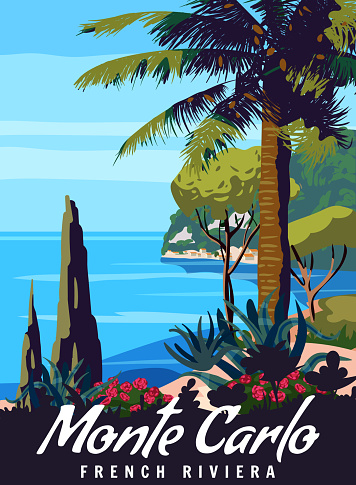 Monte Carlo French Riviera Retro Poster. Tropical coast scenic view, palm, Mediterranean marine. Summer vacation holiday, nature. Vector illustration vintage