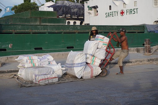 Surabaya, East Java, Indonesia - July 01, 2022 : group of port worker pile up goods to the ship
