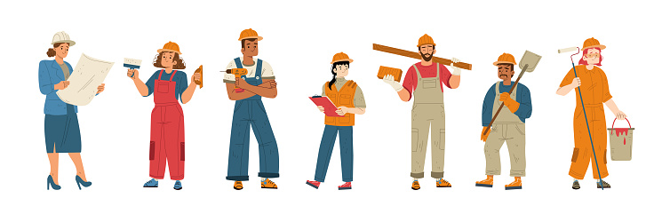 Builders and construction workers in helmets