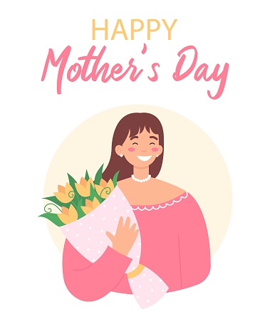 Happy Mothers Day. Woman holds bouquet of flowers and smiling. Greeting card.