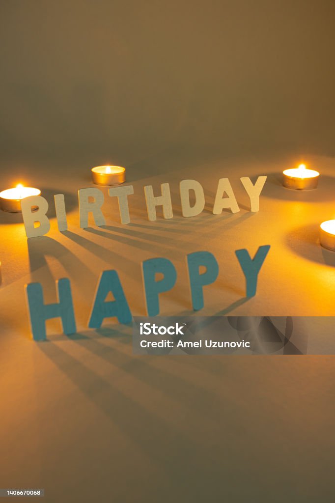 Birthday card written in 3d letters with small candles. Happy birthday text, greeting message. B-day. Abstract Stock Photo