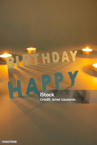 Birthday Card Written In 3d Letters With Small Candles Happy Birthday Text Greeting Message Bday Stock Photo - Download Image Now