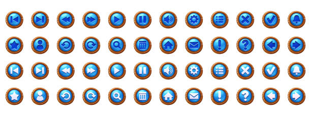 bildbanksillustrationer, clip art samt tecknat material och ikoner med circle blue buttons with wooden frame and icons - computer delete