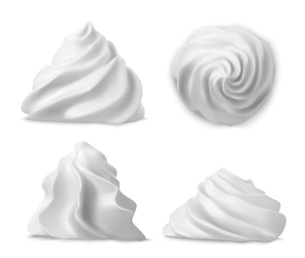 Whipped cream swirl or meringue top side view 3D Whipped cream swirl or meringue top side view 3D vector. Custard, butter or vanilla creme for decoration cake, cupcake or muffin, realistic elements set isolated on background ice pie stock illustrations