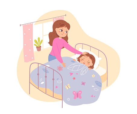 Sick child and care of mom vector illustration. Cartoon kid lying in bed at home, girl suffering from flu or cold, scene with little patient and parent isolated on white. Love, parenthood concept