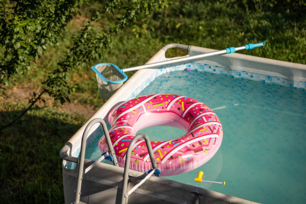 country house yard. the pool in the garden - above ground pool imagens e fotografias de stock