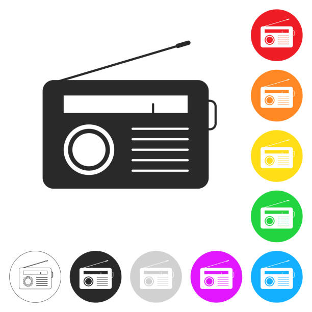 Radio. Icon on colorful buttons Icon of "Radio" isolated on white background. Includes 9 colorful buttons with a flat design style for your design (colors used: red, orange, yellow, green, blue, purple, gray, black, white, line art). Each icon is separated on its own layer. Vector Illustration with editable strokes or outlines (EPS file, well layered and grouped). Easy to edit, manipulate, resize or colorize. Vector and Jpeg file of different sizes. retro transistor radio clip art stock illustrations