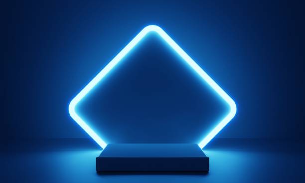 istock Cyberpunk blue empty podium with glowing lamp frame in the dark for product presentation. Technology and Sci-fi concept. 3D illustration rendering 1406672215