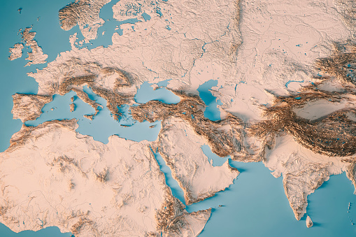 3D Render of a Topographic Map of Europe, India and Middle East. \nAll source data is in the public domain.\nColor and Water texture: Made with Natural Earth. \nhttp://www.naturalearthdata.com/downloads/10m-raster-data/10m-cross-blend-hypso/\nhttp://www.naturalearthdata.com/downloads/110m-physical-vectors/\nRelief texture: GMTED 2010 data courtesy of USGS. URL of source image: \nhttps://topotools.cr.usgs.gov/gmted_viewer/viewer.htm