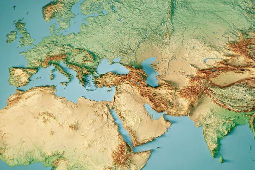 Europa India Oriente Medio 3D Render Mapa Topográfico Color photo