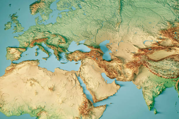 europa india oriente medio 3d render mapa topográfico color - middle east fotografías e imágenes de stock