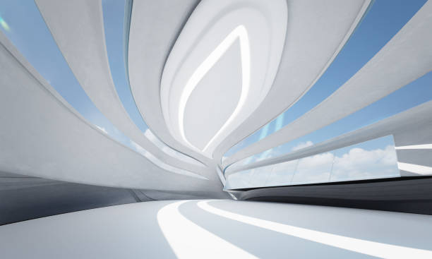 3D rendering futuristic streamlined interior background stock photo