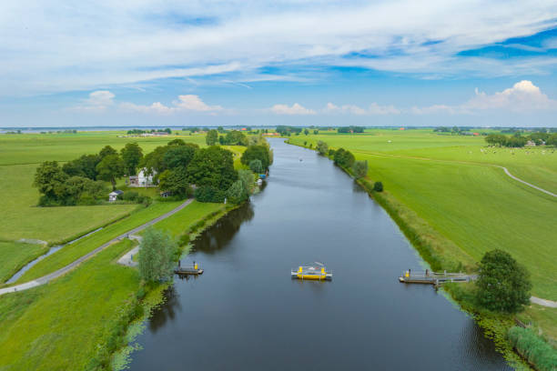 Green meadows at Kampereiland with the Genzendiep river running towards the Zwarte Meer in the IJsseldelta region in The Netherlands.