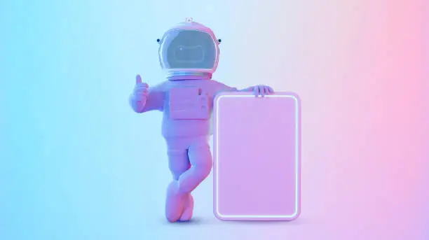 Photo of 3d rendering Astronaut holding billboard saying good
