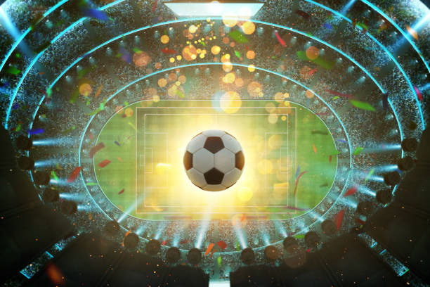 Soccer stadium Aerial top angle view of imaginary soccer stadium with illumination . 3D rendering . fifa world cup stock pictures, royalty-free photos & images