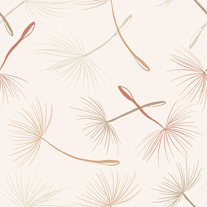 Nude Colored  Flying Dandelion Seeds Seamless Pattern. Wallpaper, Design Element, Abstract Background.