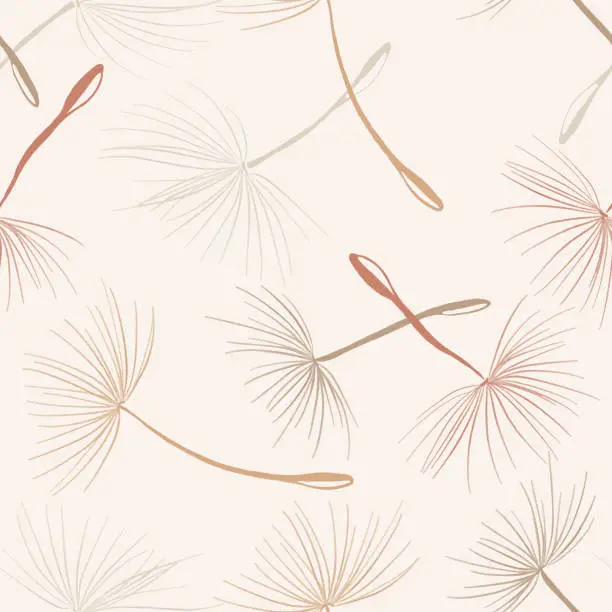 Vector illustration of Nude Colored  Flying Dandelion Seeds Seamless Pattern. Wallpaper, Design Element, Abstract Background.