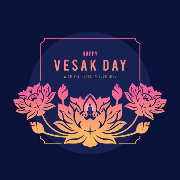 happy vesak day banner - text in pink yellow frame are lotus with candle buddha light on dark blue background vector design - vesak day 幅插畫檔、美工圖案、卡通及圖標