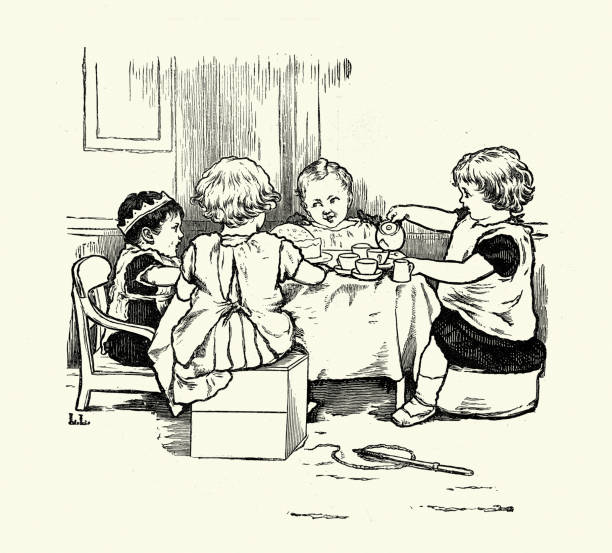 ilustraciones, imágenes clip art, dibujos animados e iconos de stock de ilustración vintage, fiesta del té para niños, niños y niñas jugando, juego de té de juguete, victoriano del siglo 19 - tea party party tea little girls