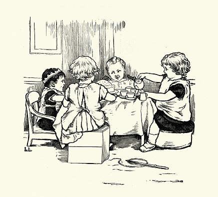 Vintage illustration, Children's tea party, Boys and girls playing, Toy tea set, Victorian 19th Century