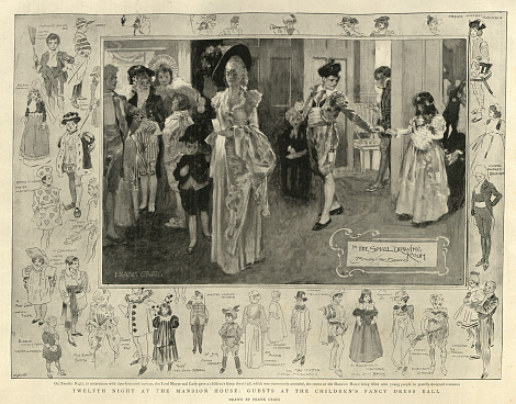 Vintage illustration, Costumes from Twelfth Night at the Mansion House, Children's Fancy Dress Ball, Victorian 1890s 19th Century