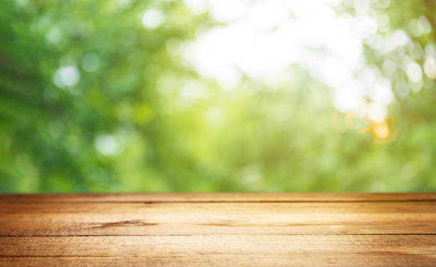istock Empty blank wooden plank, deck or table with defocused green trees background 1406678336
