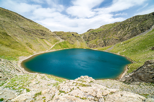 Views of Lake Ibon de Bernatuara in the Ordesa and Monte Perdido National park, Aragon, Huesca, Spain.