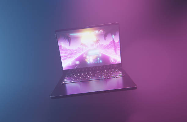 istock A portable gaming laptop with racing game 1406679220