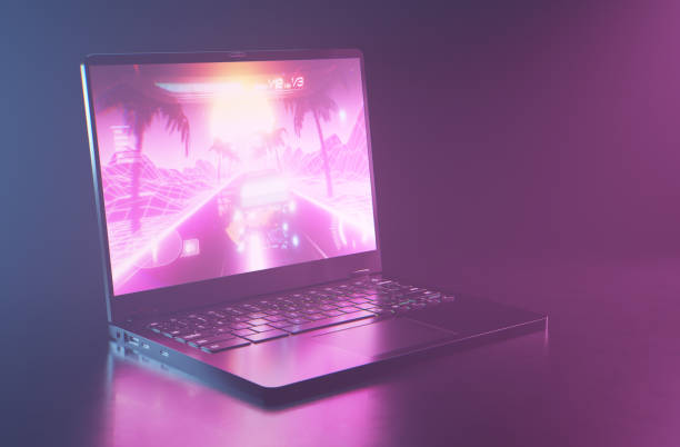 istock A portable gaming laptop with racing game 1406679228