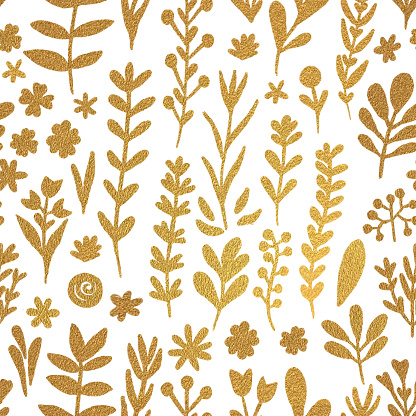 Hand Drawn Gold Foil Bloosoms Seamless Pattern Background. Elegant design element for greeting cards (birthday, valentine's day), wedding and engagement invitation card template.