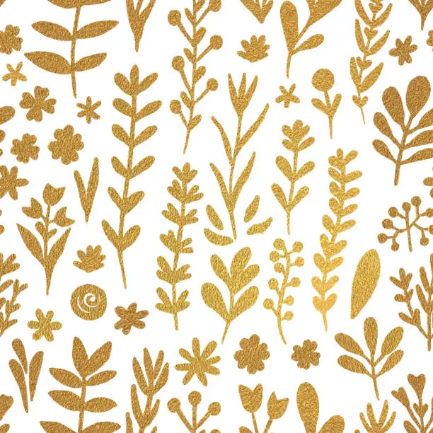 Vector illustration of Hand Drawn Gold Foil Bloosoms Seamless Pattern Background. Elegant design element for greeting cards (birthday, valentine's day), wedding and engagement invitation card template.