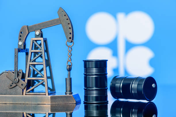 石油、石油ドル、原油の概念:世界の石油産業の発展または生産への投資を描いたopecまたは石油輸出国機構のポンプジャックと旗。 - oil industry oil oil rig oil pump ストックフォトと画像