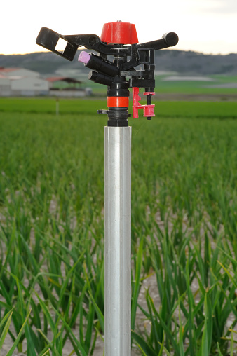 Close-up vertical photograph of a sprinkler in a cropland. Copy space. Selective focus. Background blurred.