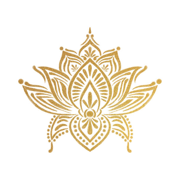 ilustrações, clipart, desenhos animados e ícones de fundo padrão de lírio de cor dourada desenhado à mão lily lotus mandala. henna, mehndi tattoo decoration. ornamento decorativo em estilo oriental étnico. - tribal life