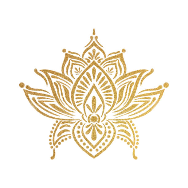 нарисованная вручную золотая цветная водяная лилия лотос мандала узор фон. украшение татуировки хной, менди. декоративный орнамент в этнич - henna tattoo stock illustrations