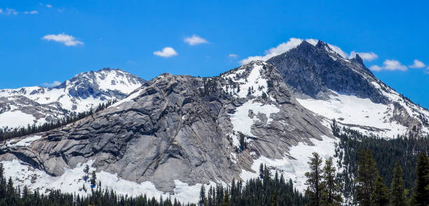 미국 캘리포니아주 요세미티 국립공원의 시에라 네바다 산맥의 파노라마 촬영. 아름다운 화창한 날에 숲과 산 봉우리가있는 광대 한 풍경. - panoramic california mountain range southwest usa 뉴스 사진 이미지