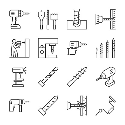 Drill icons set. Drills and drill bits, perforator, icon collection. Application of the tool. Drilling walls and objects.
