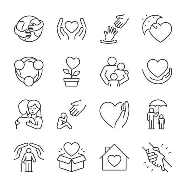 Care, support icons set. Help in a difficult life situation, icon collection. Helping hand, heart, keeping alive, hugs. Line with editable stroke Care, support icons set. Help in a difficult life situation, icon collection. Helping hand, heart, keeping alive, hugs vector love care old stock illustrations