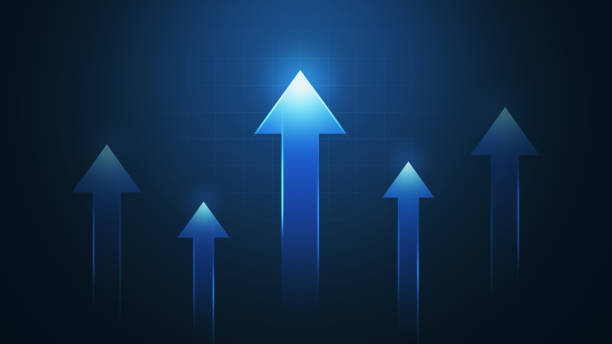 istock Blue technology up arrow symbol on direction icon background with growth business development concept or success sign increase economy finance price and marketing money progress navigation forward. 1406684922