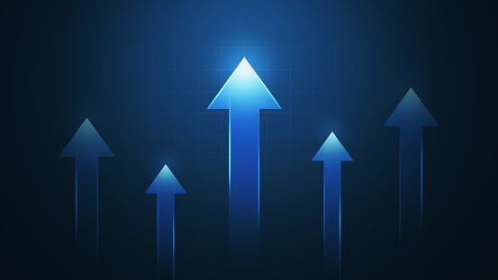 Blue technology up arrow symbol on direction icon background with growth business development concept or success sign increase economy finance price and marketing money progress navigation forward.