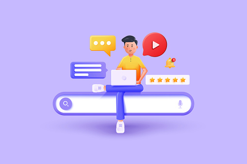 Modern 3d illustration of Young Man on search bar concept